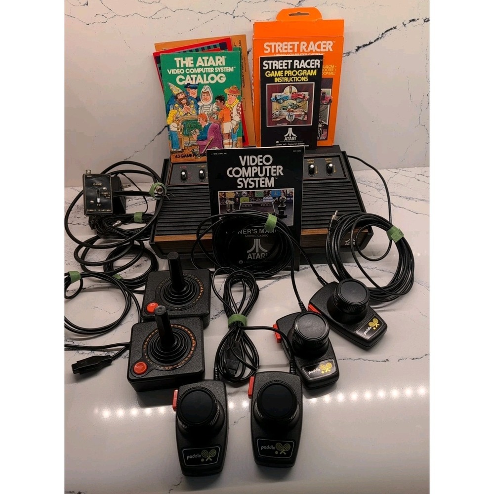 Atari 2600 Console W/ Adapter, 2 Joystick, 2 Set Paddles Connect To TV Untested